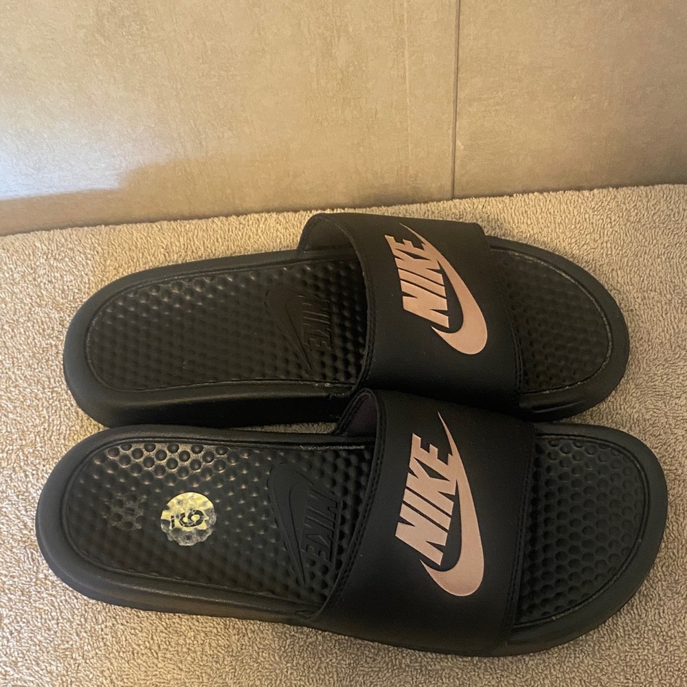 Nike Black and Pink Slide Sandals